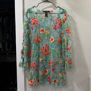 Ali Miles Floral Embroidered Sheer Top - Multicolor